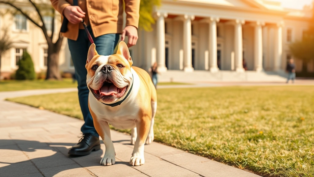 uga dog -
English Bulldog walking alongside a handler on a sunny day at a university camp