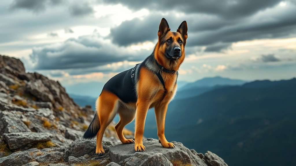 unique boy dog names -
A confident German Shepherd standing in a heroic pose on a rocky mountain ridge