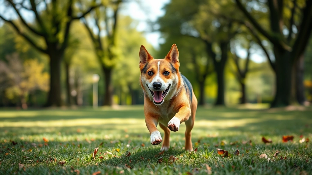 unique boy dog names -
A mischievous mixed breed dog mid-play in a park setting with trees and grass, 