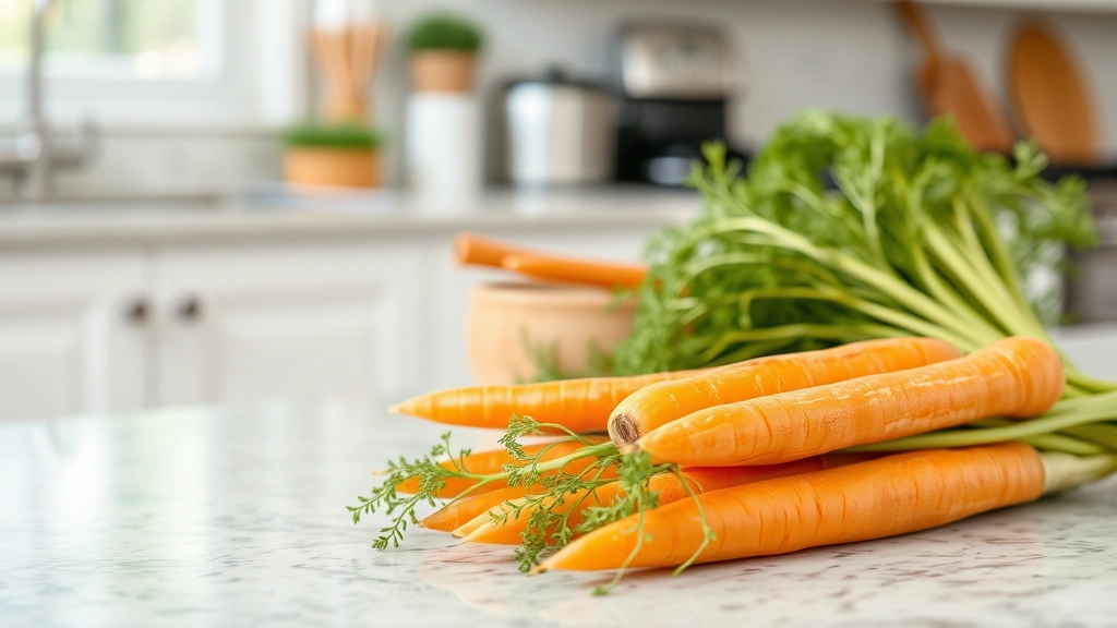 unkibble dog food -
and carrots visible in the background on a kitchen counter