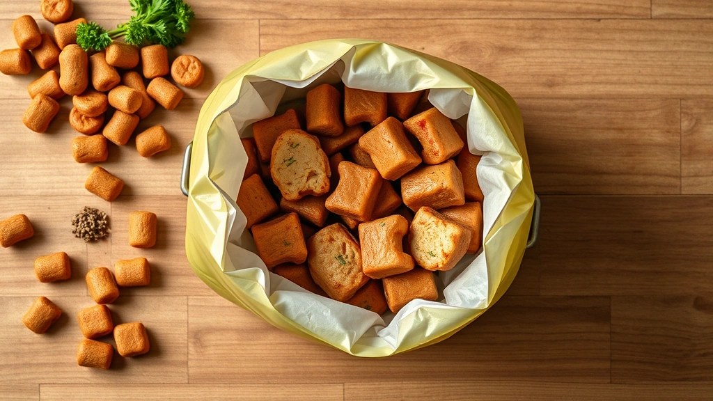 unkibble dog food -
Photorealistic overhead shot of an open Unkibble dog food pouch with fresh ligh