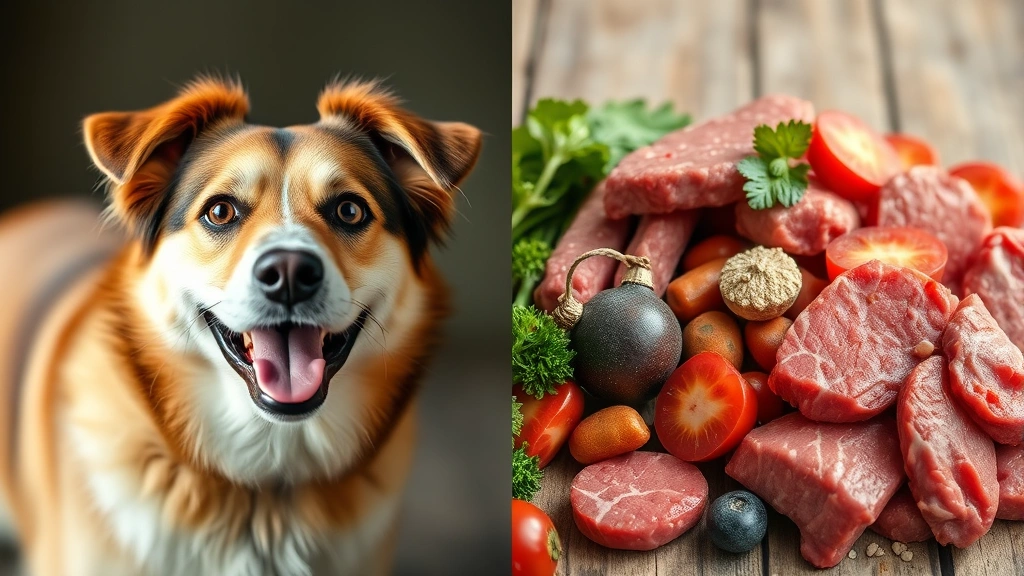 unkibble dog food -
Photorealistic side-by-side comparison showing a happy healthy dog with shiny c