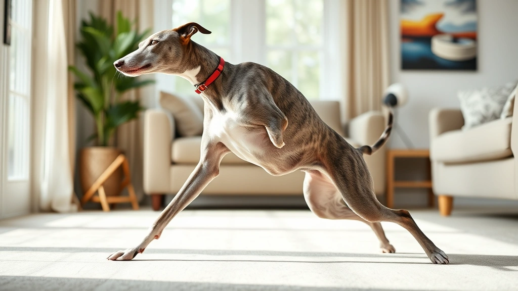 upward dog -
A senior greyhound stretching with front legs extended and rear elevated, demon