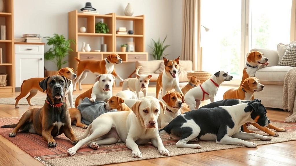 upward dog -
Multiple dogs of different breeds stretching naturally throughout a home enviro