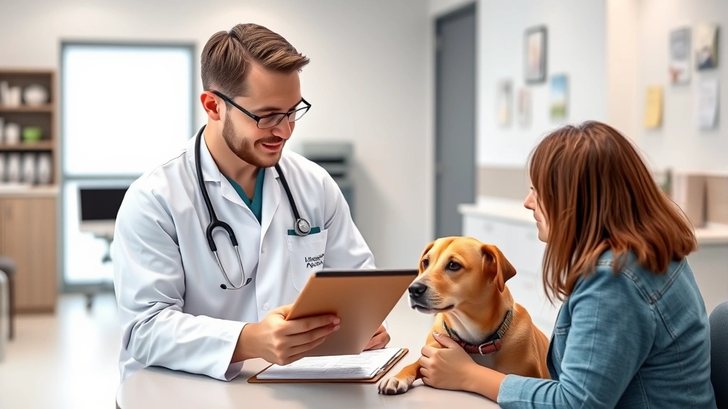 vaccines for dogs -
Photorealistic image of a veterinarian reviewing vaccination records on a clipb