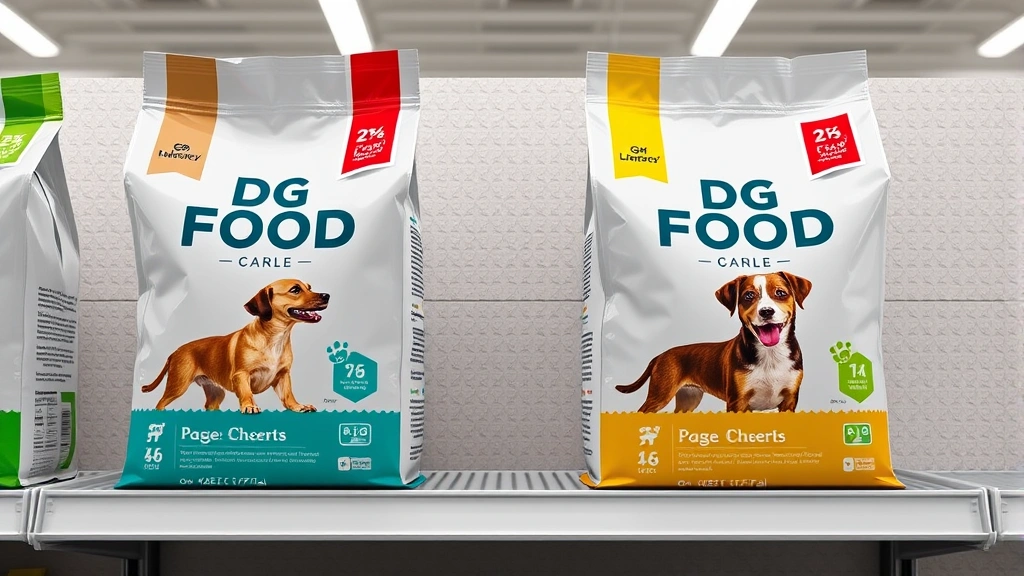 valu pak dog food -
Photorealistic side-by-side comparison of two dog food bags on a shelf

