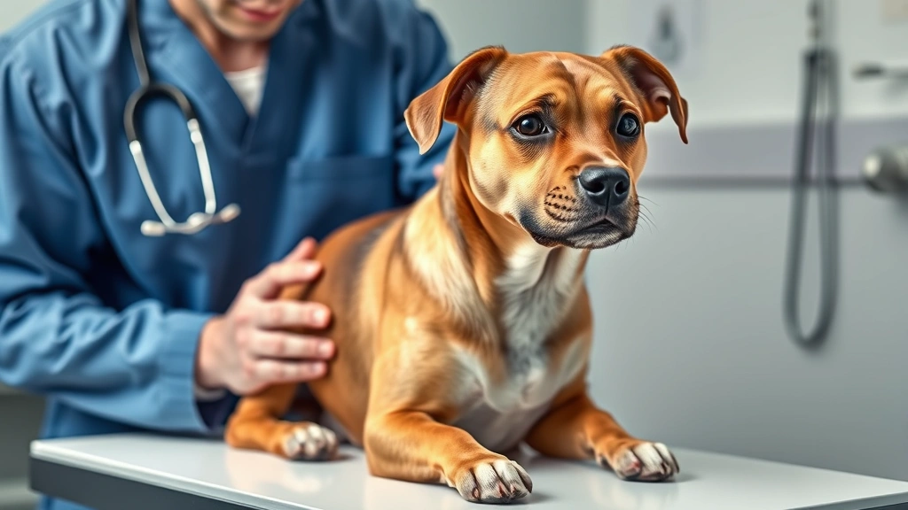 valu pak dog food -
Photorealistic image of a veterinarian examining a healthy dog with a shiny coa