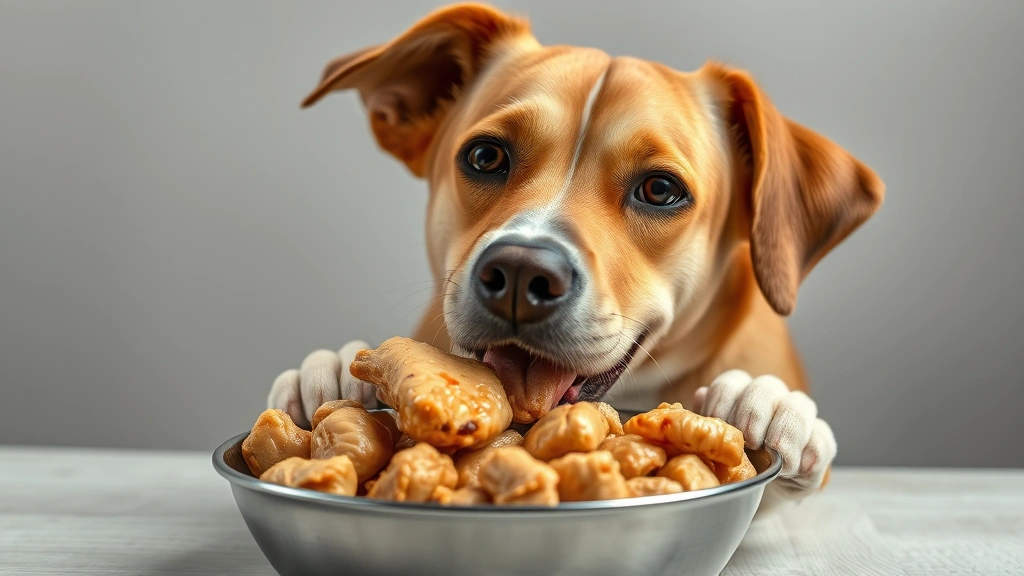 vegan hot dogs -
Photorealistic image of a happy dog eating plain cooked chicken from a bowl