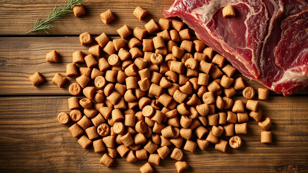 venison dog food -
photorealistic overhead shot of premium venison dog food kibble scattered on a 