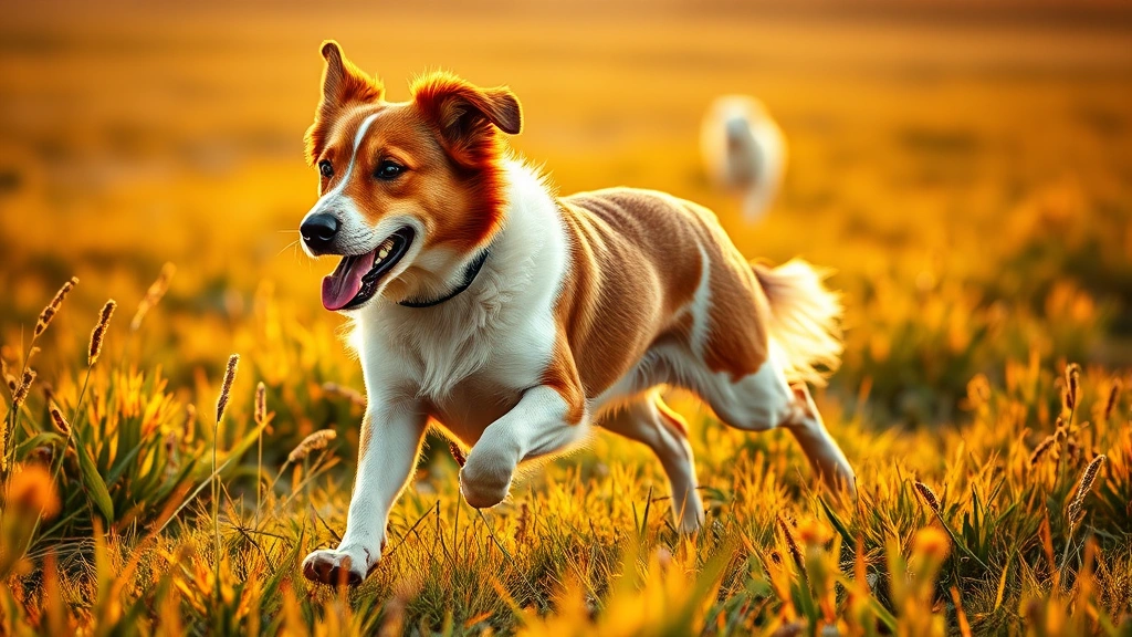 venison dog food -
photorealistic image of a healthy dog with shiny coat running through a field, 