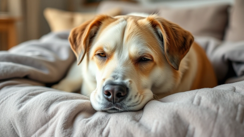 vetprofen for dogs -
Photorealistic image of a senior dog resting comfortably on a soft bed, appeari