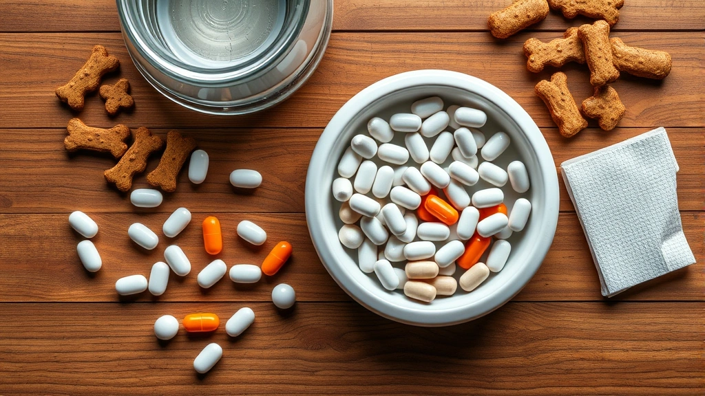 vetprofen for dogs -
Photorealistic overhead shot of medication tablets and capsules arranged on a w