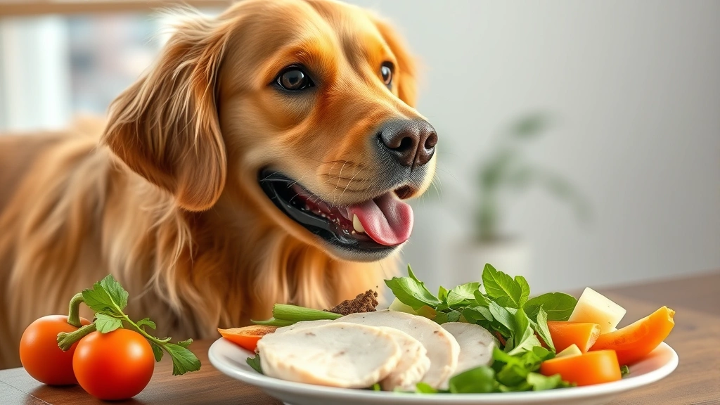 vienna beef hot dogs -
Photorealistic image of a happy golden retriever looking at a plate of fresh ve