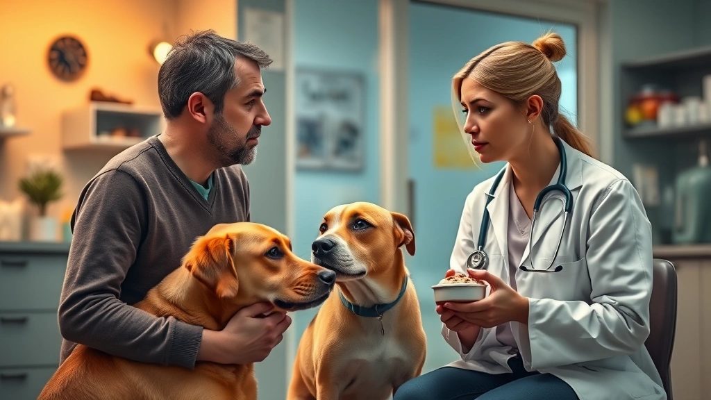 vienna beef hot dogs -
Photorealistic veterinary clinic scene with a concerned dog owner discussing nu