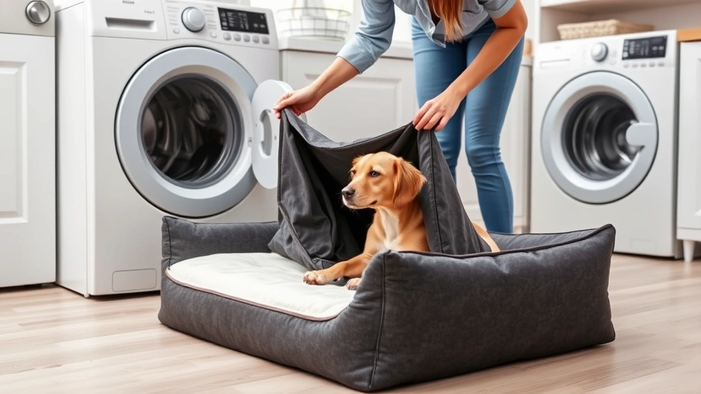 washable dog bed -
Photorealistic image of a woman removing a zippered cover from a washable dog b
