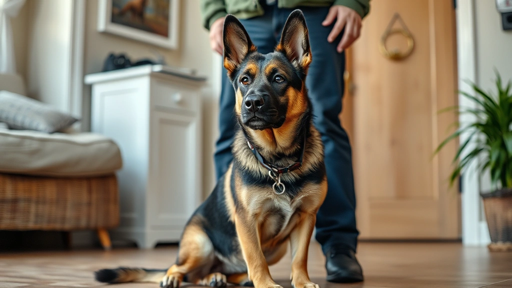 watch dog man -
A well-trained watchdog sitting attentively beside its owner in a home security