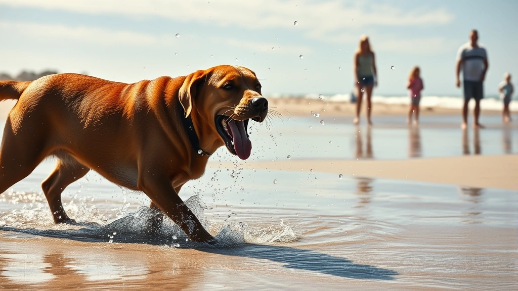 water dogs -
A labrador retriever shaking off water on a sandy beach with water droplets fly