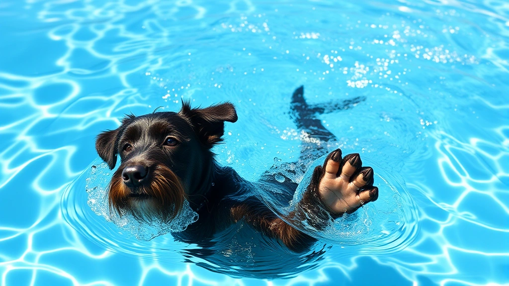 water dogs -
A Portuguese water dog diving into a pool with front paws extended, water rippl