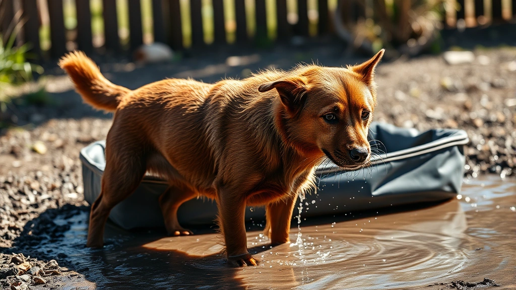 waterproof dog bed -
Photorealistic scene of a muddy brown dog shaking off water near a waterproof d