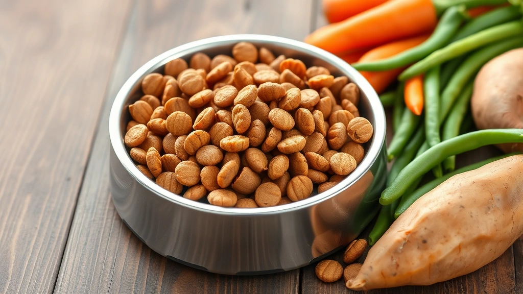 weight management dog food -
Photorealistic image of premium dog food kibble in a stainless steel bowl next 