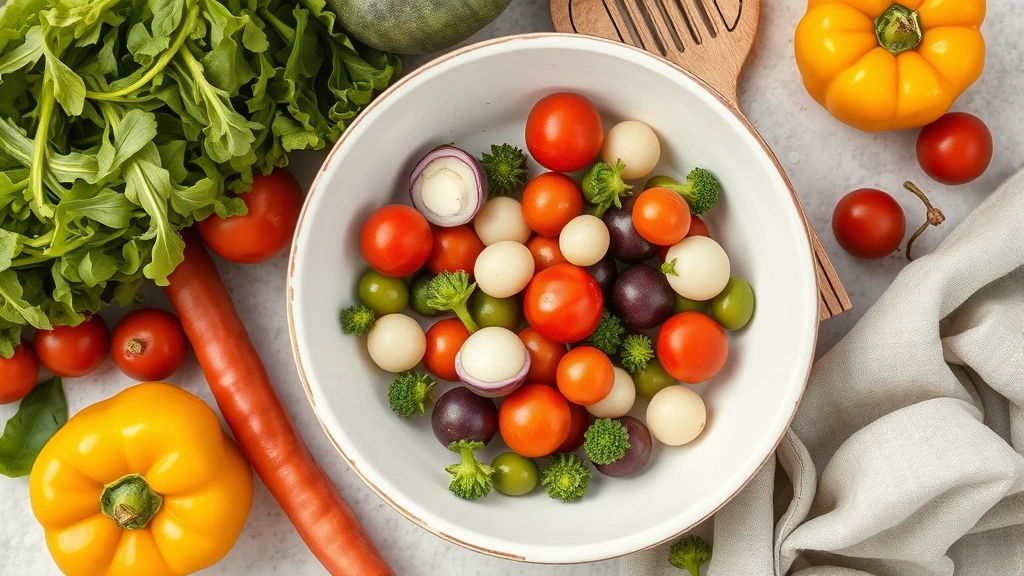 weruva dog food -
and vegetables scattered on a white ceramic bowl
