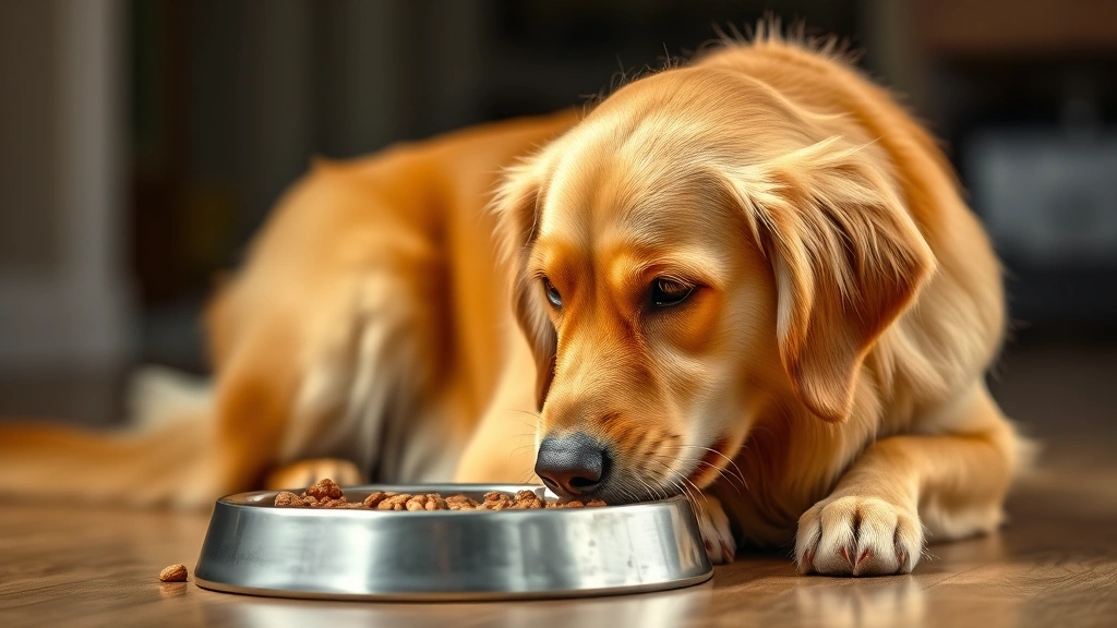weruva dog food -
Photorealistic image of a healthy golden retriever with shiny coat eating from 