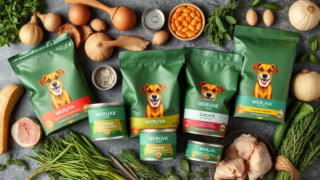 weruva dog food -
Photorealistic flat lay composition showing multiple Weruva dog food bags and c