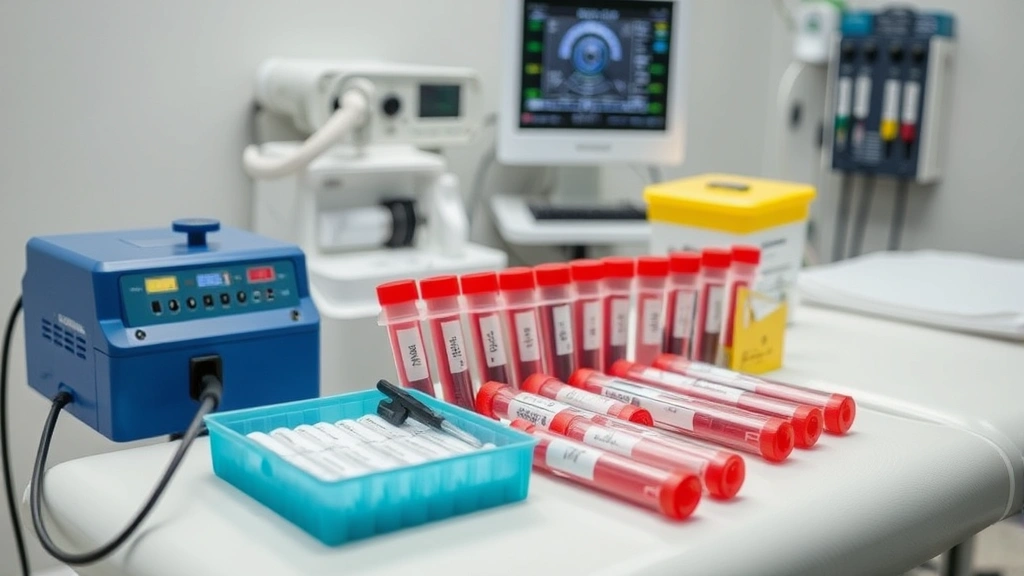 what are the three stages of cushing's disease in dogs -
with medical equipment and blood test materials visible on the examination tabl
