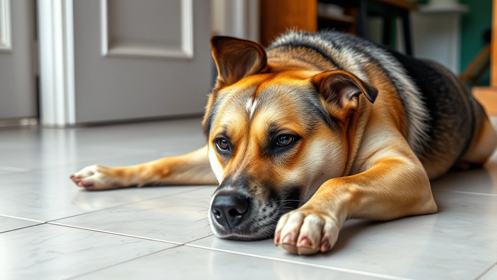 what are the worst side effects of prednisone in dogs -
A stressed-looking dog panting heavily while lying on a cool tile floor indoors