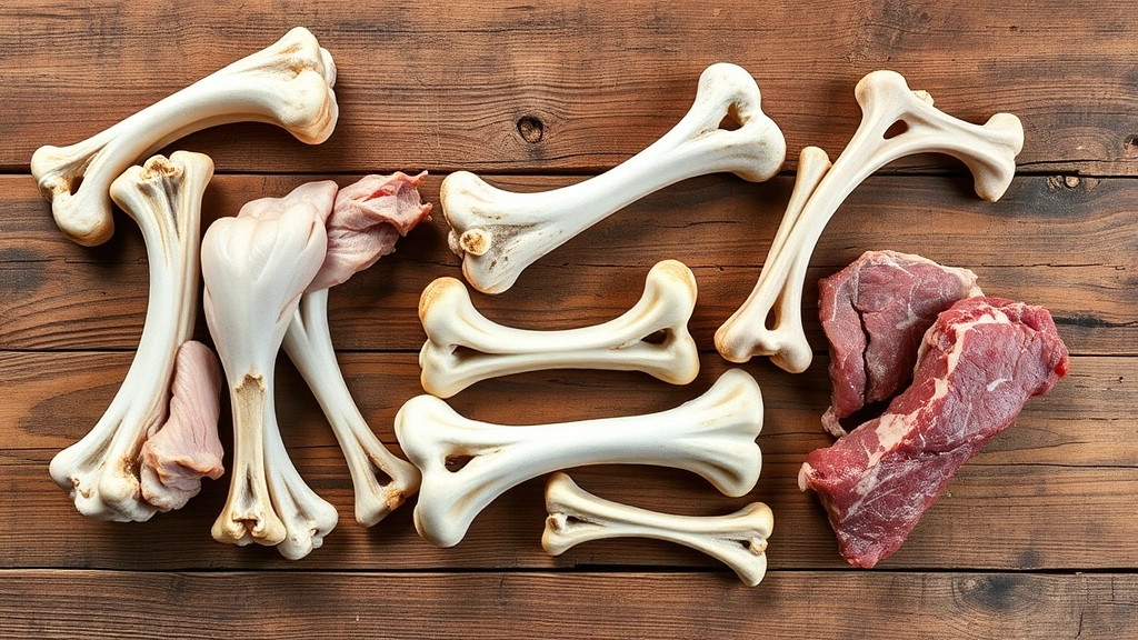what bones are good for dogs -
Photorealistic image of various safe dog bones laid out on a wooden surface 