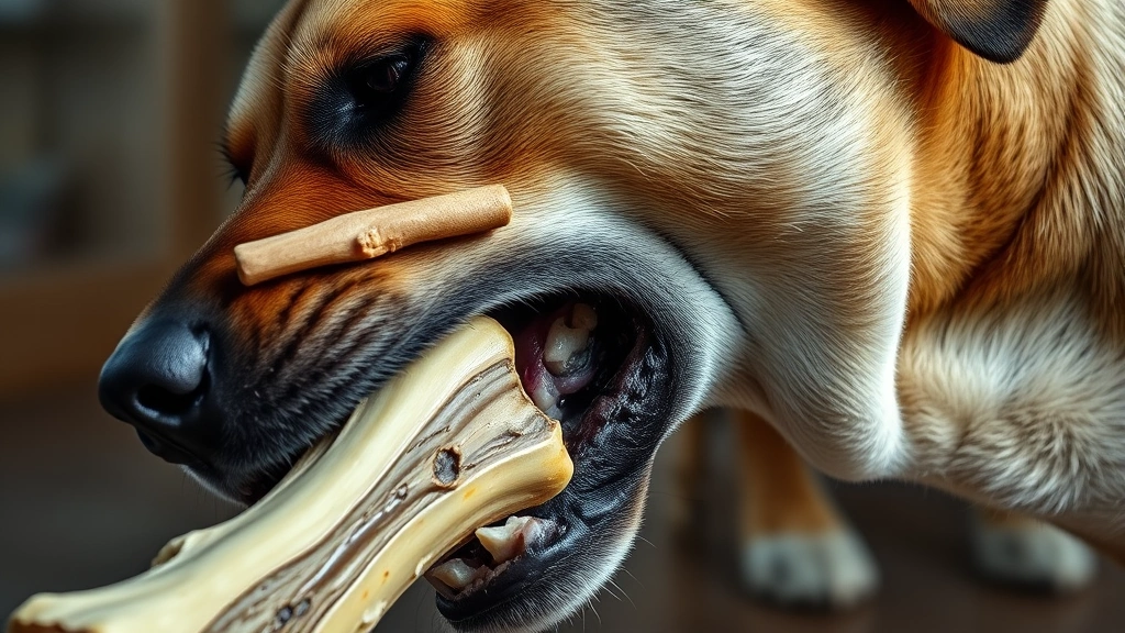 what bones are good for dogs -
Photorealistic photo of a large dog breed intensely focused on chewing a frozen