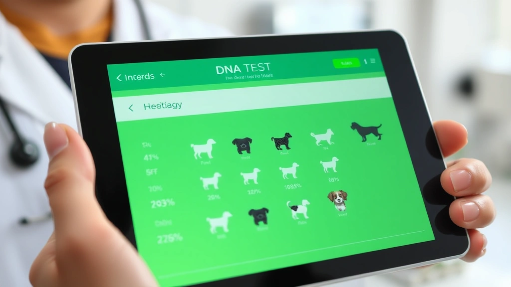 what breed of dog am i -
Photorealistic close-up of dog DNA test kit results on tablet screen showing br