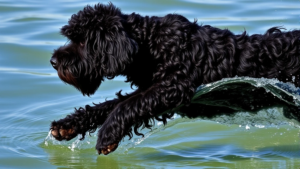 what breed of dog has webbed feet -
Photorealistic side profile of a Portuguese Water Dog diving into water with we