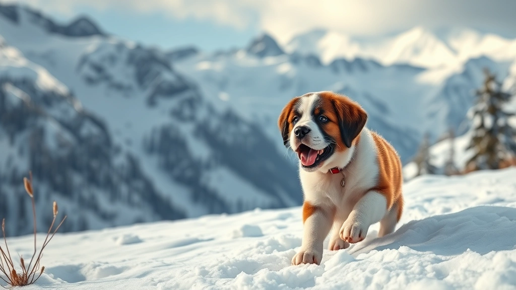 what breed of dog is beethoven -
Photorealistic image of a Saint Bernard puppy playing in a snowy Alpine mountai