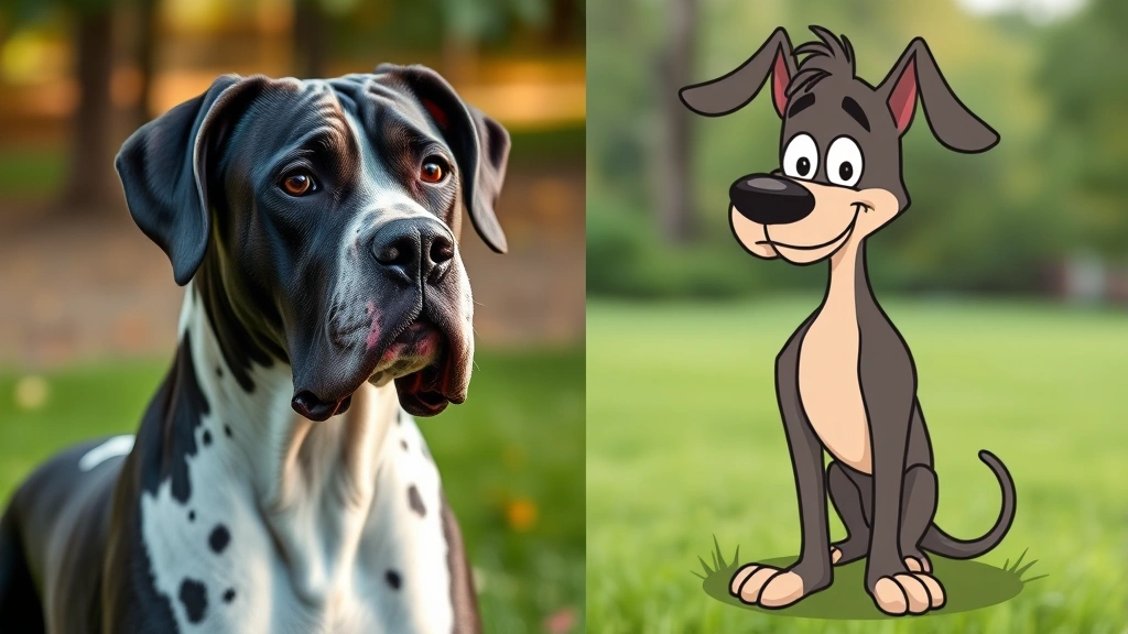 what breed of dog is scooby doo -
Photorealistic comparison of a real Great Dane next to a cartoon-style represen