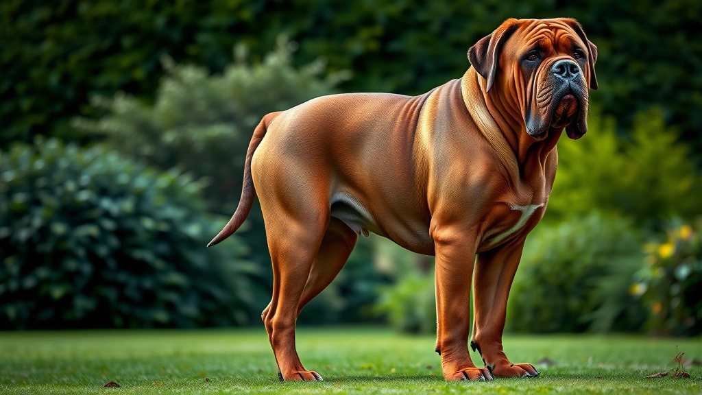 what breed of dog was hooch -
Photorealistic full-body shot of a Bordeaux Mastiff standing in a garden, showi