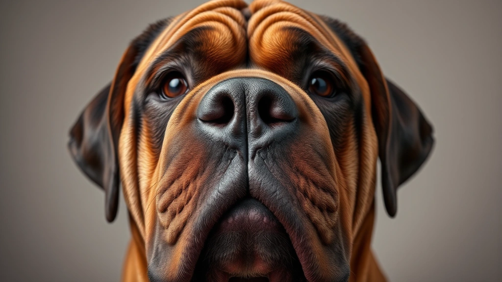 what breed of dog was hooch -
Photorealistic close-up of a Bordeaux Mastiff’s face showing detailed wri