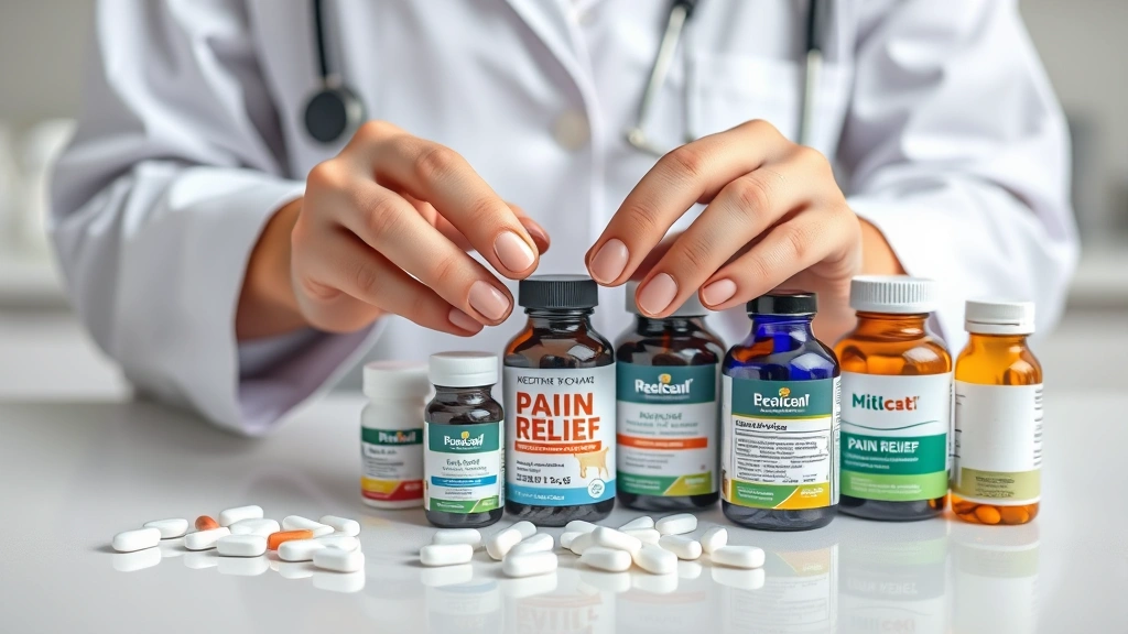 what can be given to dogs for pain -
Photorealistic image of a veterinarian’s hands holding various dog pain r