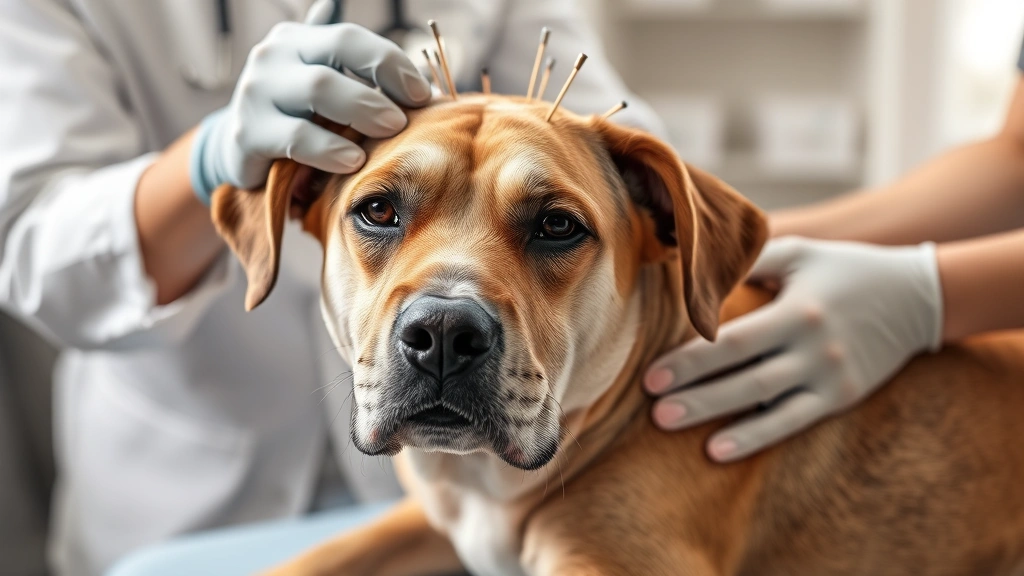 what can be given to dogs for pain -
Photorealistic image of a senior dog receiving acupuncture treatment from a vet