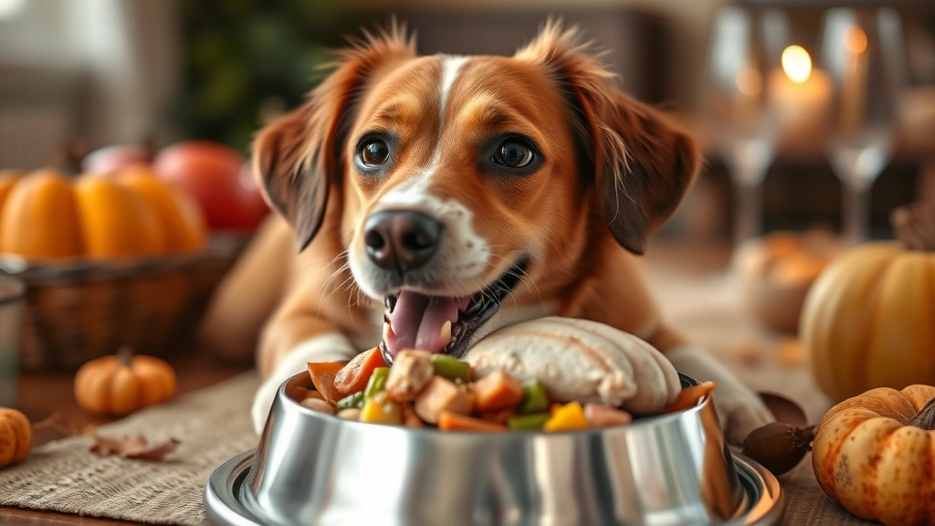 what can dogs eat on thanksgiving -
A happy dog enjoying a special plain turkey and vegetable meal in their own dog