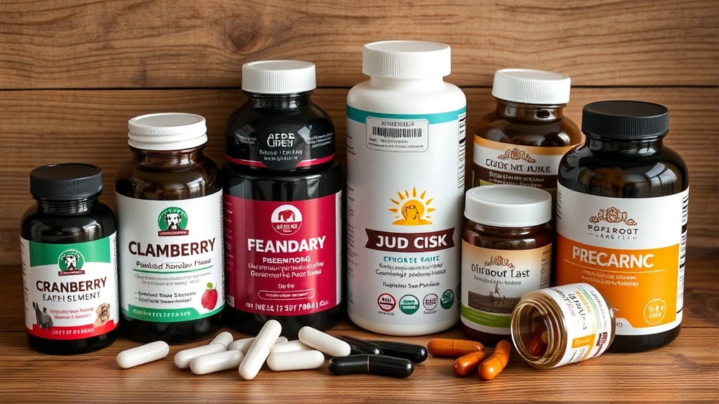 what can i give my dog for a uti -
Photorealistic image of various dog supplement bottles and capsules arranged on