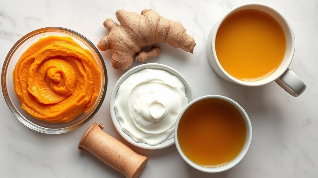 what can i give my dog for an upset stomach -
Photorealistic flat lay of pumpkin puree in a glass bowl, fresh ginger root, pl