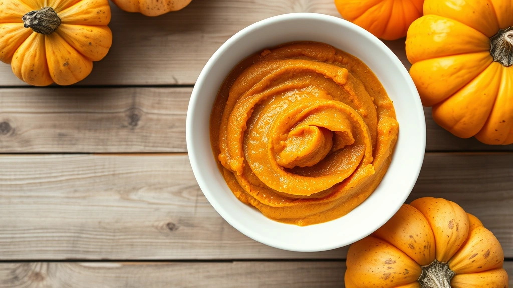 what can i give my dog for constipation -
Photorealistic overhead shot of a white bowl filled with orange pumpkin puree o