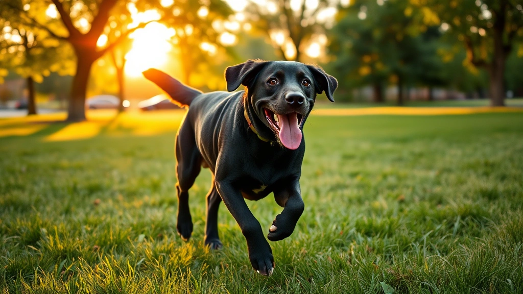 what can i give my dog for constipation -
Photorealistic image of a happy black labrador running through a green park dur