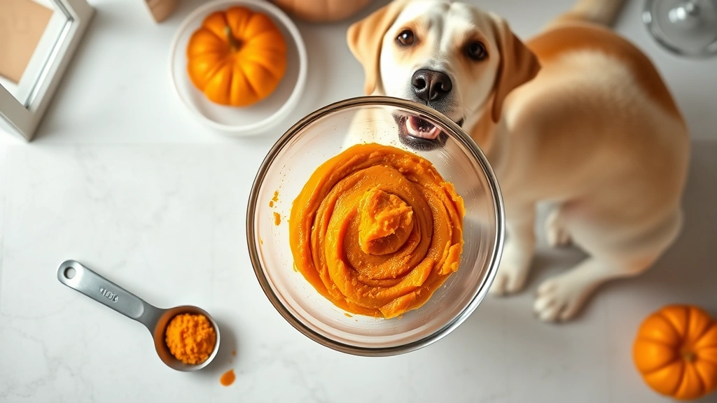 what can i give my dog for diarrhea -
Photorealistic overhead shot of a glass bowl filled with orange pumpkin puree n