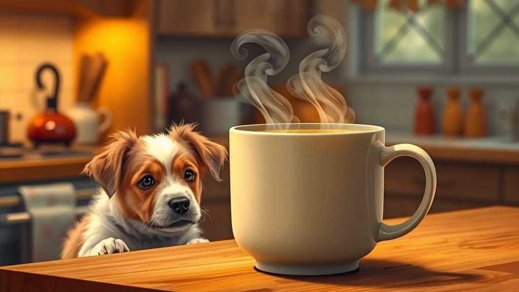 what can i give my dog for diarrhea -
Photorealistic image of a steaming mug of golden bone broth with a small dog lo