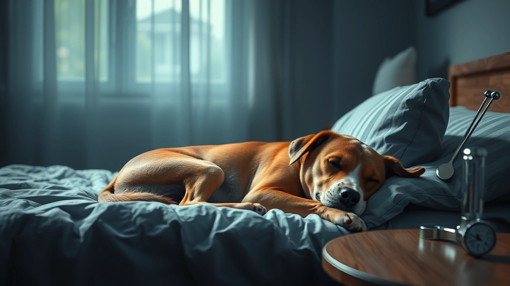 what can i give my dog for fever -
Photorealistic image of a sick dog resting on a comfortable bed in a cool, diml
