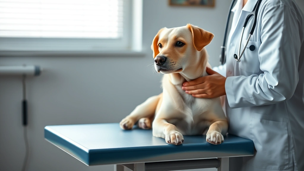 what can i give my dog for throwing up -
Photorealistic image of a veterinarian examining a light-colored dog on an exam