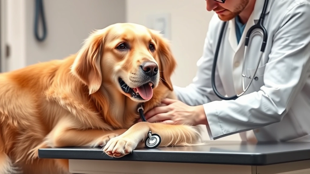 what can you do if your dog ate chocolate -
Photorealistic image of a veterinarian examining a golden retriever on an exami