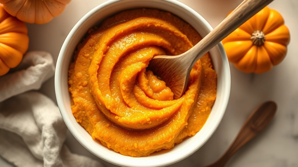 what can you give a dog for diarrhea -
Photorealistic overhead shot of pumpkin puree in a white ceramic bowl with a wo